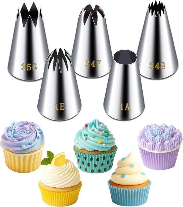 Main image of Suuker Large Piping Tips Set, Stainless Steel | 5 Pieces, 1A 1E 348 347 356
