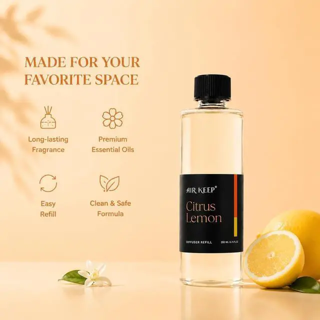 Alt view image 4 of 7 - Airkeep Citrus Lemon Reed Diffuser Refill 6.76 fl oz Premium Scented Oil for Home Aromatherapy Long-Lasting Fragrance for Reed Diffusers Perfect for Bathroom, Bedroom & Home Decor