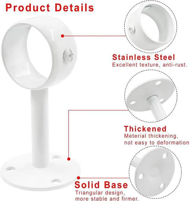 Alt view image 3 of 5 - Biaungdo 1-1/4 Inch Ceiling Curtain Rod Bracket, White, 4 Pcs | Heavy Duty, Flange Rod Holder, Shower Curtain Closet Rod Holder, With Anchor Screw Kit, Locking Design