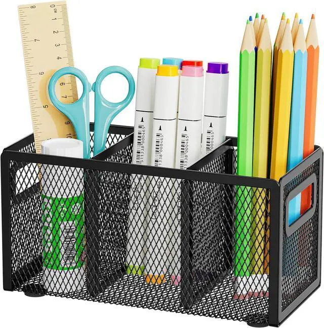 Main image of Marbrasse Mesh Pen Holder for Desk, Pencil Holder Desk Organizer 3 Adjustable Compartments, Pencil Cup with Handle Perfect for Classroom, Office, Home, Makeup, Art (Black)