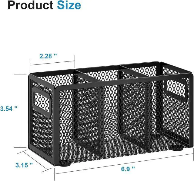 Alt view image 2 of 6 - Marbrasse Mesh Pen Holder for Desk, Pencil Holder Desk Organizer 3 Adjustable Compartments, Pencil Cup with Handle Perfect for Classroom, Office, Home, Makeup, Art (Black)