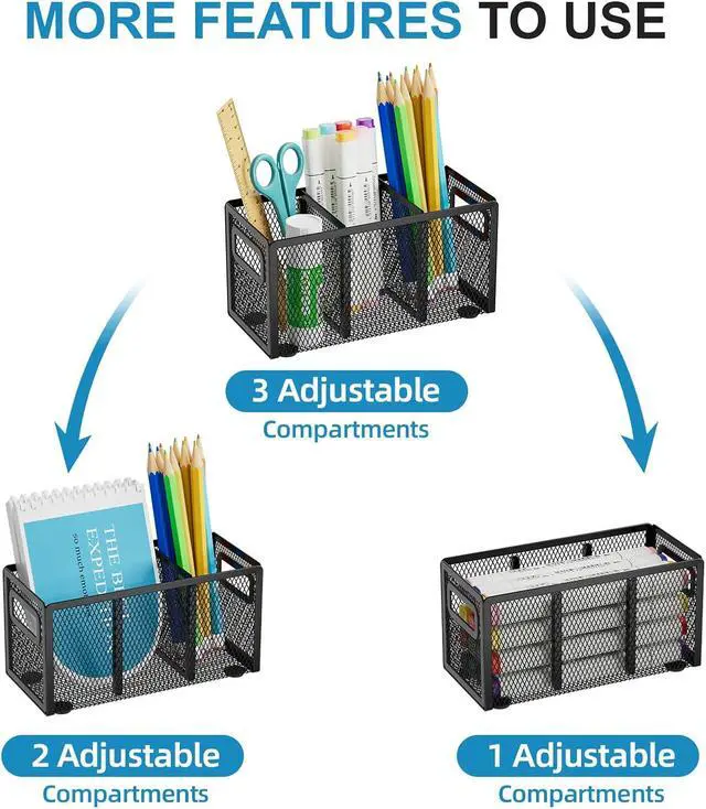 Alt view image 3 of 6 - Marbrasse Mesh Pen Holder for Desk, Pencil Holder Desk Organizer 3 Adjustable Compartments, Pencil Cup with Handle Perfect for Classroom, Office, Home, Makeup, Art (Black)