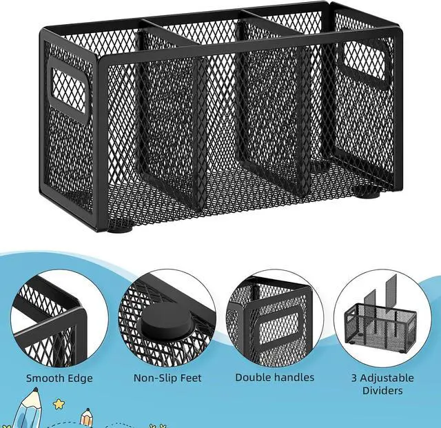 Alt view image 4 of 6 - Marbrasse Mesh Pen Holder for Desk, Pencil Holder Desk Organizer 3 Adjustable Compartments, Pencil Cup with Handle Perfect for Classroom, Office, Home, Makeup, Art (Black)