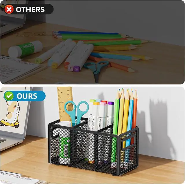 Alt view image 5 of 6 - Marbrasse Mesh Pen Holder for Desk, Pencil Holder Desk Organizer 3 Adjustable Compartments, Pencil Cup with Handle Perfect for Classroom, Office, Home, Makeup, Art (Black)