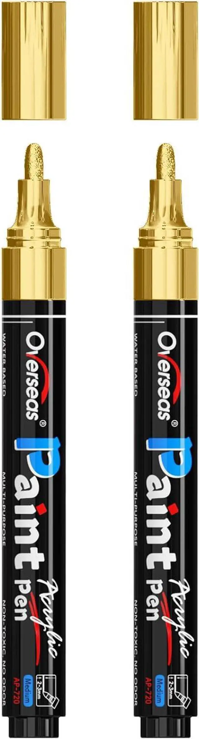 Main image of Overseas 2 Pack Gold Acrylic Paint Pens Permanent Markers, Medium Tip | Waterproof, Quick Dry, Great Coverage, Water Based Acrylic Paint Markers for Wood, Canvas, Rock, Glass, Leather, Metal