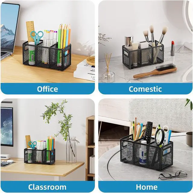 Alt view image 6 of 6 - Marbrasse Mesh Pen Holder for Desk, Pencil Holder Desk Organizer 3 Adjustable Compartments, Pencil Cup with Handle Perfect for Classroom, Office, Home, Makeup, Art (Black)
