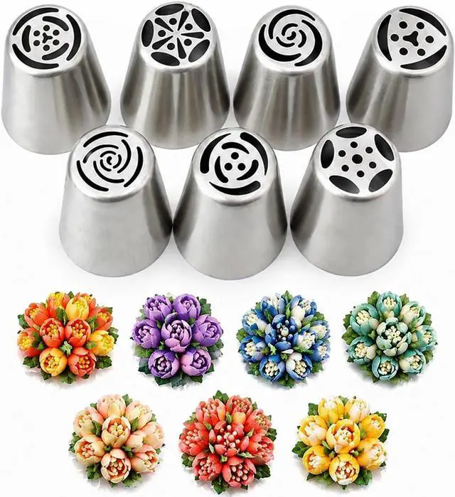 Main image of 7 Pcs Large Russian Piping Tips Set, Stainless Steel Flower Frosting Nozzles, One-Press Cake Decorating Tips for Buttercream, Cupcakes, Cakes Dishwasher Safe
