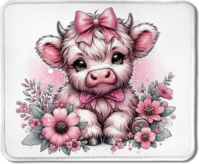 Main image of Coquette Pink Bow Floral Highland Cow Mouse Pad, Cute Western Baby Highland Cow Heifer Mouse Pads Mousepad for Work Gaming Computers Laptop Desk Accessories, 9.5x7.9 Inch