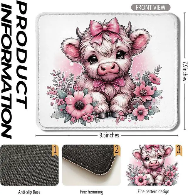 Alt view image 2 of 6 - Coquette Pink Bow Floral Highland Cow Mouse Pad, Cute Western Baby Highland Cow Heifer Mouse Pads Mousepad for Work Gaming Computers Laptop Desk Accessories, 9.5x7.9 Inch