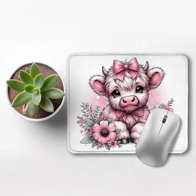 Alt view image 3 of 6 - Coquette Pink Bow Floral Highland Cow Mouse Pad, Cute Western Baby Highland Cow Heifer Mouse Pads Mousepad for Work Gaming Computers Laptop Desk Accessories, 9.5x7.9 Inch
