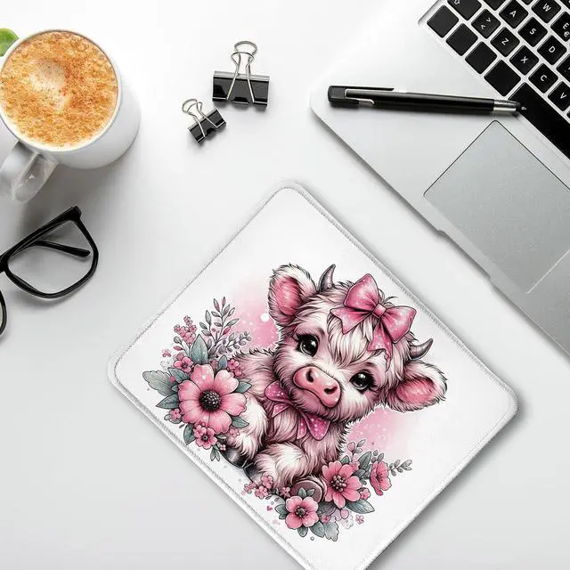 Alt view image 4 of 6 - Coquette Pink Bow Floral Highland Cow Mouse Pad, Cute Western Baby Highland Cow Heifer Mouse Pads Mousepad for Work Gaming Computers Laptop Desk Accessories, 9.5x7.9 Inch