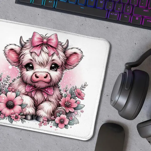 Alt view image 5 of 6 - Coquette Pink Bow Floral Highland Cow Mouse Pad, Cute Western Baby Highland Cow Heifer Mouse Pads Mousepad for Work Gaming Computers Laptop Desk Accessories, 9.5x7.9 Inch