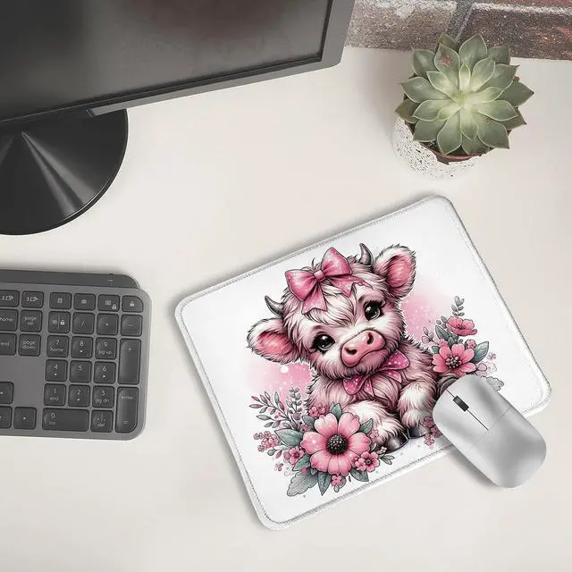 Alt view image 6 of 6 - Coquette Pink Bow Floral Highland Cow Mouse Pad, Cute Western Baby Highland Cow Heifer Mouse Pads Mousepad for Work Gaming Computers Laptop Desk Accessories, 9.5x7.9 Inch