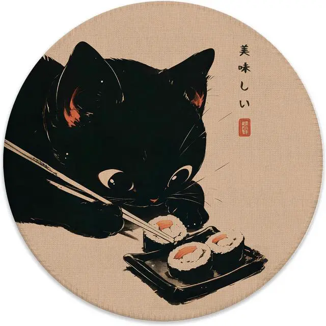 Main image of Japanese Sushi Black Cat Mouse Pad for Desk, Vintage Cute Kitten Eat Sushi Mousepad for Work Wireless Mouse Computers Laptop Desk Accessories, Cat Office Supplies, 7.9x7.9 Inch