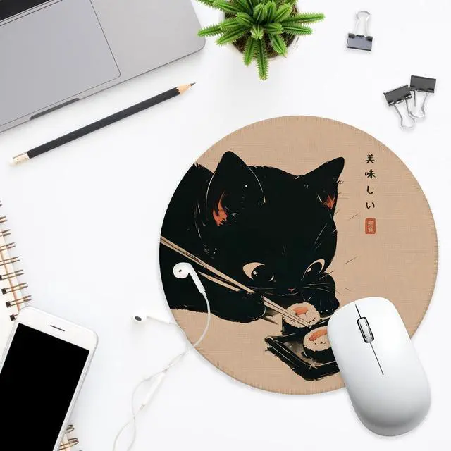 Alt view image 2 of 5 - Japanese Sushi Black Cat Mouse Pad for Desk, Vintage Cute Kitten Eat Sushi Mousepad for Work Wireless Mouse Computers Laptop Desk Accessories, Cat Office Supplies, 7.9x7.9 Inch