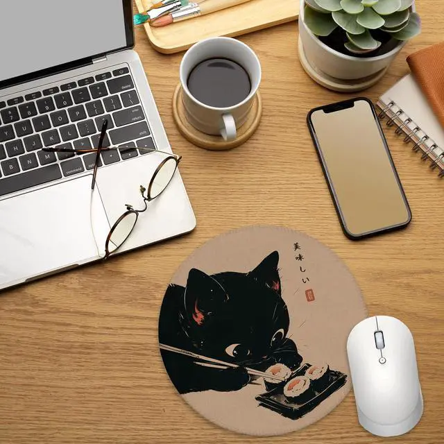 Alt view image 3 of 5 - Japanese Sushi Black Cat Mouse Pad for Desk, Vintage Cute Kitten Eat Sushi Mousepad for Work Wireless Mouse Computers Laptop Desk Accessories, Cat Office Supplies, 7.9x7.9 Inch