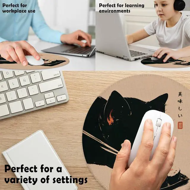 Alt view image 4 of 5 - Japanese Sushi Black Cat Mouse Pad for Desk, Vintage Cute Kitten Eat Sushi Mousepad for Work Wireless Mouse Computers Laptop Desk Accessories, Cat Office Supplies, 7.9x7.9 Inch