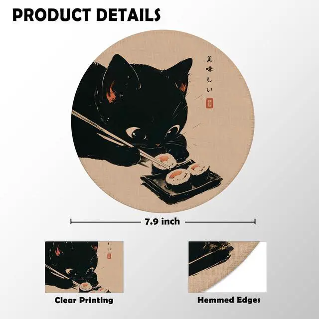 Alt view image 5 of 5 - Japanese Sushi Black Cat Mouse Pad for Desk, Vintage Cute Kitten Eat Sushi Mousepad for Work Wireless Mouse Computers Laptop Desk Accessories, Cat Office Supplies, 7.9x7.9 Inch