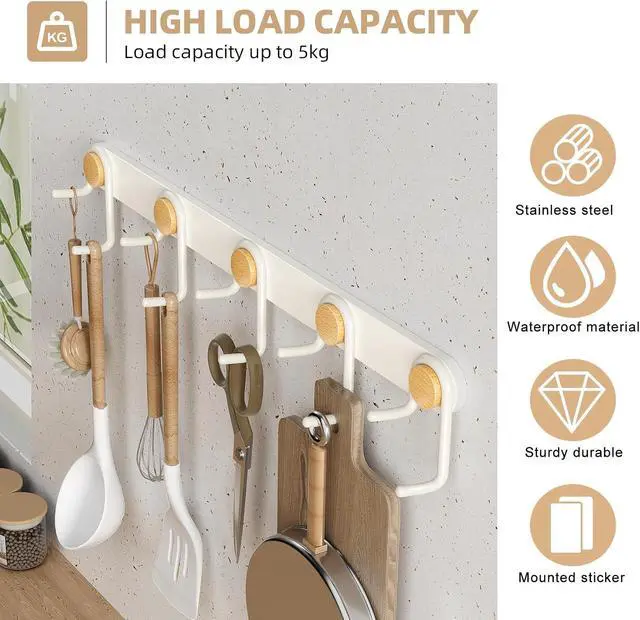 Alt view image 5 of 7 - Cutlery Hooks for Wall, Key Holder Wall Mount Coat Rack Adhesive Hooks for Hanging Hat Towel Mudroom Bathroom, Hooks Storage for Hanging Kitchen Utensils Tongs, Oven mitt, whisks, etc.