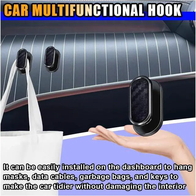 Alt view image 4 of 6 - KITUREK Car Mini Hooks, Self-Adhesive Backseat Hangers, 4PCS, Carbon Fiber | Multifunctional Wall Hanging Hooks, Universal Hook Stickers, Car Interior Accessories for Key Charging Cable Earphone