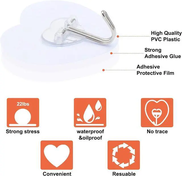 Alt view image 3 of 7 - Adhesive Hooks for Hanging, 24 Pack Heavy Duty Wall Utility Self Adhesive | Towel Coat Hooks Waterproof, Transparent Sticky for Kitchen Keys Glass Door,No Nail Utility Ceiling Hooks
