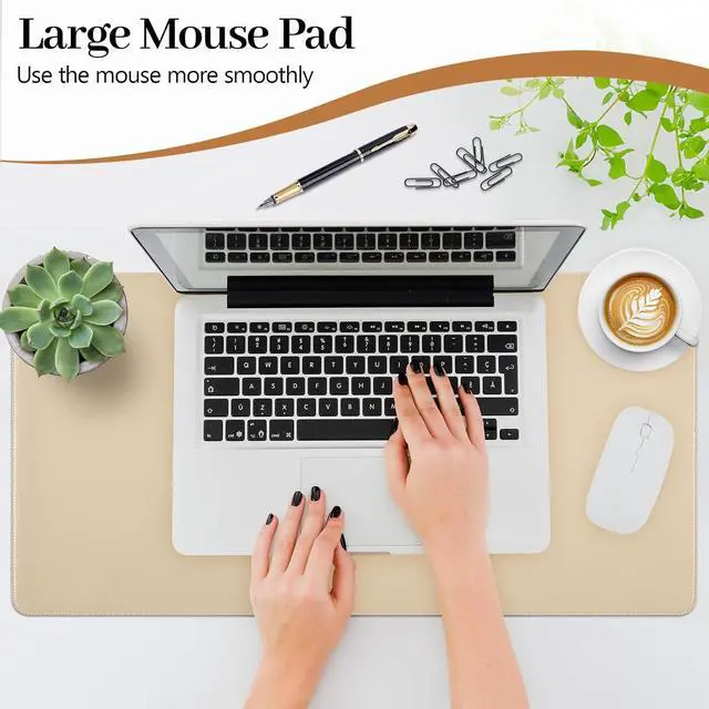 Alt view image 2 of 7 - Beige Leather Desk Pad Large Mouse Pad, 23.6"x13.8" | Waterproof Desk Mat for Keyboard and Mouse, Non-Slip Computer Desk Protector, Smooth Mouse Control for Home Office