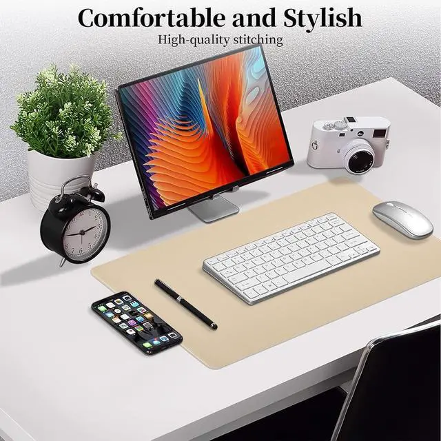 Alt view image 4 of 7 - Beige Leather Desk Pad Large Mouse Pad, 23.6"x13.8" | Waterproof Desk Mat for Keyboard and Mouse, Non-Slip Computer Desk Protector, Smooth Mouse Control for Home Office