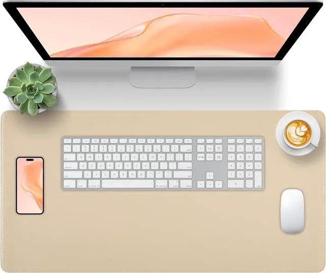 Main image of Beige Leather Desk Pad Large Mouse Pad, 23.6"x13.8" | Waterproof Desk Mat for Keyboard and Mouse, Non-Slip Computer Desk Protector, Smooth Mouse Control for Home Office