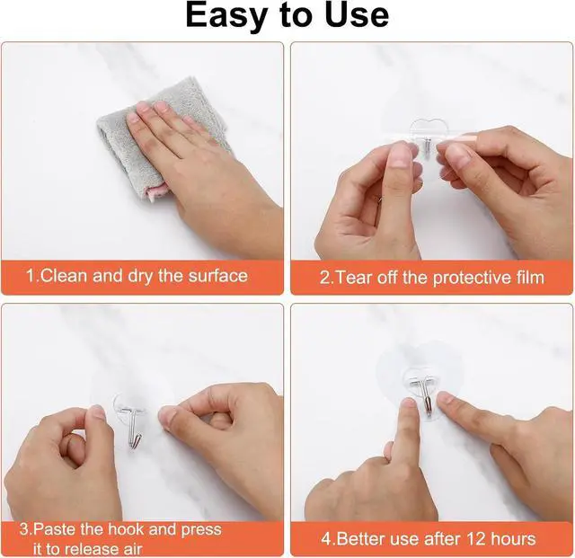 Alt view image 4 of 7 - Adhesive Hooks for Hanging, 24 Pack Heavy Duty Wall Utility Self Adhesive | Towel Coat Hooks Waterproof, Transparent Sticky for Kitchen Keys Glass Door,No Nail Utility Ceiling Hooks