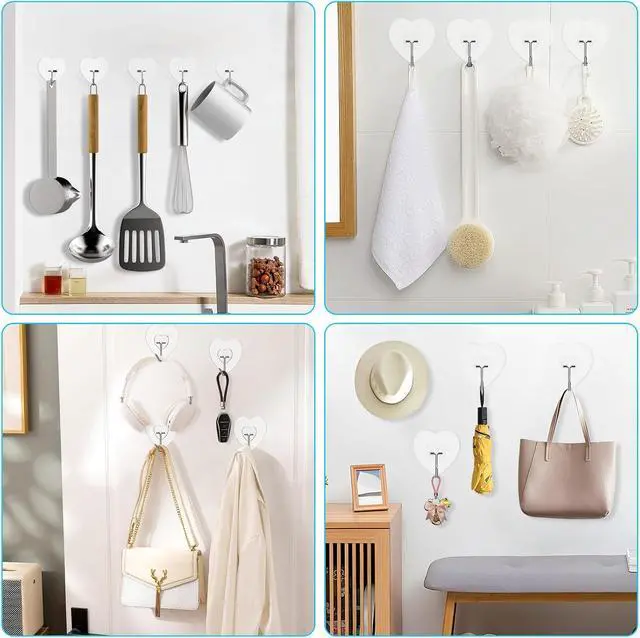 Alt view image 5 of 7 - Adhesive Hooks for Hanging, 24 Pack Heavy Duty Wall Utility Self Adhesive | Towel Coat Hooks Waterproof, Transparent Sticky for Kitchen Keys Glass Door,No Nail Utility Ceiling Hooks