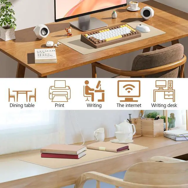 Alt view image 6 of 7 - Beige Leather Desk Pad Large Mouse Pad, 23.6"x13.8" | Waterproof Desk Mat for Keyboard and Mouse, Non-Slip Computer Desk Protector, Smooth Mouse Control for Home Office