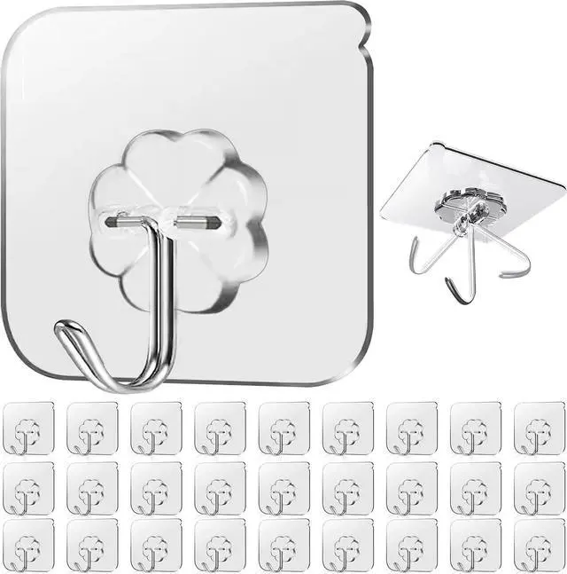 Main image of 28 Pack Sticky Hooks for Hanging Heavy Duty, Wall Hooks Adhesive, Clear self Adhesive Hooks for Wall, Kitchen, Bathroom, Shower & Ceiling