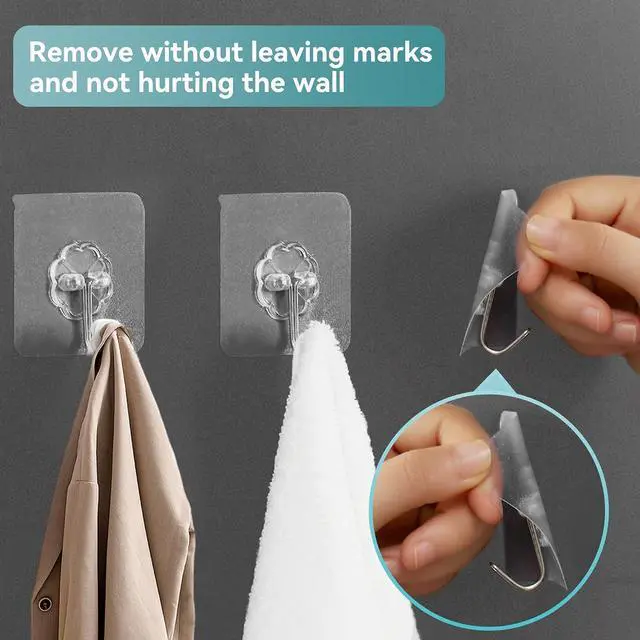 Alt view image 7 of 7 - 28 Pack Sticky Hooks for Hanging Heavy Duty, Wall Hooks Adhesive, Clear self Adhesive Hooks for Wall, Kitchen, Bathroom, Shower & Ceiling
