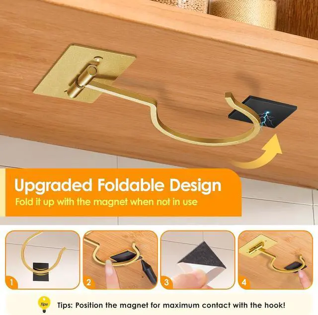Alt view image 2 of 7 - Self Adhesive Banana Hook Under Cabinet Foldable Banana Hanger | Golden Metal Under Counter Banana Hook Holder to Keep Bananas Fresh Banana Holder for Kitchen RV Space Saving