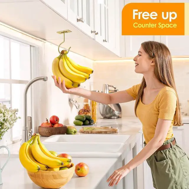 Alt view image 3 of 7 - Self Adhesive Banana Hook Under Cabinet Foldable Banana Hanger | Golden Metal Under Counter Banana Hook Holder to Keep Bananas Fresh Banana Holder for Kitchen RV Space Saving
