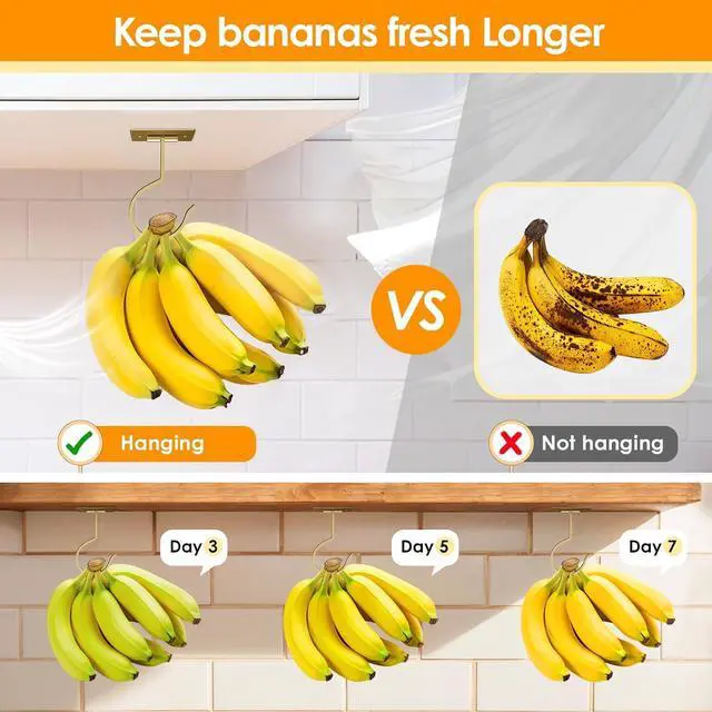 Alt view image 4 of 7 - Self Adhesive Banana Hook Under Cabinet Foldable Banana Hanger | Golden Metal Under Counter Banana Hook Holder to Keep Bananas Fresh Banana Holder for Kitchen RV Space Saving