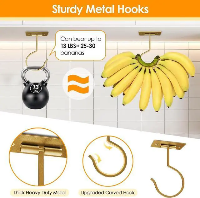 Alt view image 7 of 7 - Self Adhesive Banana Hook Under Cabinet Foldable Banana Hanger | Golden Metal Under Counter Banana Hook Holder to Keep Bananas Fresh Banana Holder for Kitchen RV Space Saving