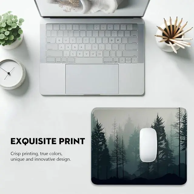 Alt view image 6 of 7 - Monochromatic Forest Landscape Digital Art for Mouse Pad - Serene Pine Tree Design, Stitched Edges Non-Slip Rubber Base Mouse Pads for Computers Laptop