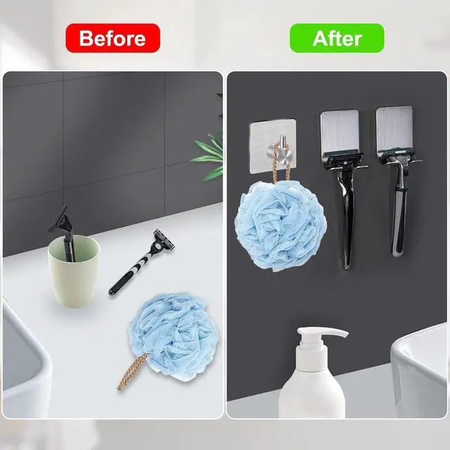 Alt view image 5 of 7 - CGBE 4 Packs Shower Hooks for Inside Shower, Self Adhesive Shaver Holder Hanger Hook for Bathroom Damage Free Wall Hooks for Razor Loofah Sponge