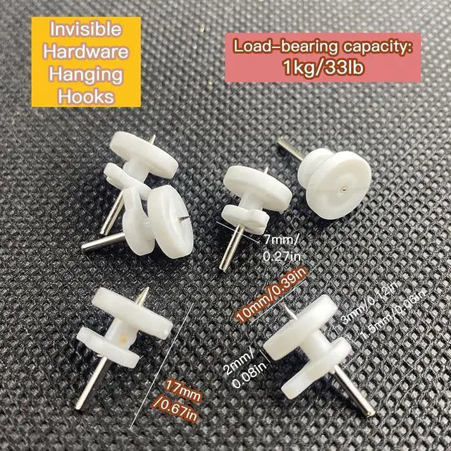 Alt view image 2 of 5 - 50 Pack Invisible Wall Hooks No Drill Picture Hangers for Drywall | no trace nail hangers, fits plaster stucco wood walls, lightweight item display, 50 pack mini hooks, easy hammer install