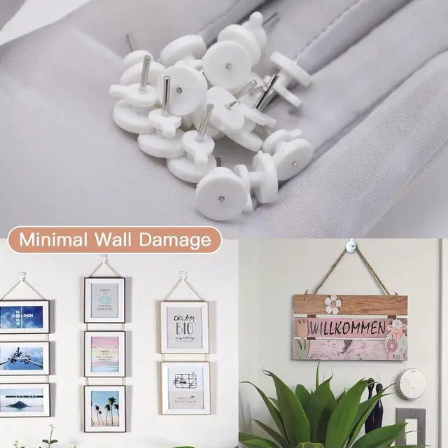 Alt view image 5 of 5 - 50 Pack Invisible Wall Hooks No Drill Picture Hangers for Drywall | no trace nail hangers, fits plaster stucco wood walls, lightweight item display, 50 pack mini hooks, easy hammer install