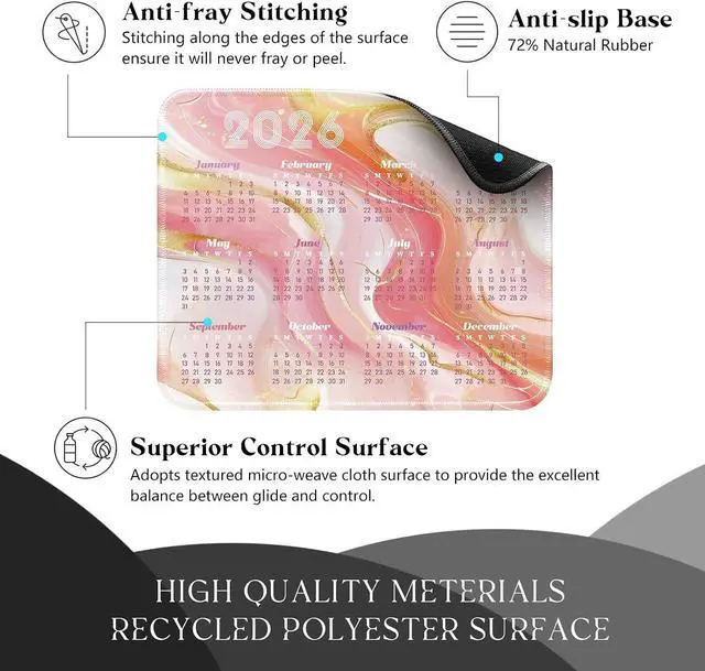 Alt view image 5 of 6 - 2026 Calendar Mouse Pad, 240mm×200mm Small Waterproof Mouse Mat with Stitched Edges & Non-Slip Rubber Base for Office Home Gaming Laptop