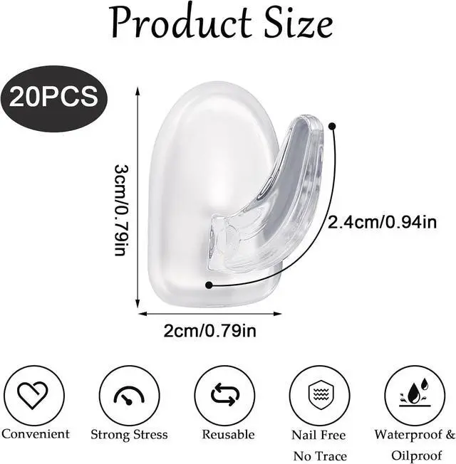 Alt view image 2 of 7 - Nogeqi 20 PCS Clear Adhesive Hooks for Hanging, Plastic Small Acrylic Sticky Wall Hooks with Non Marking Sticker for Home Kitchen Bathroom Bedroom Office