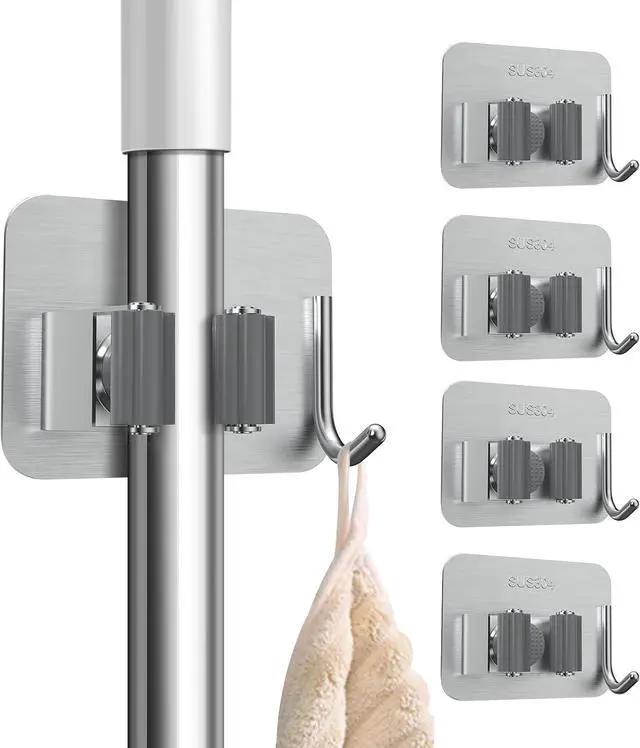 Main image of nacena 4 Pack No Drill Self Adhesive Broom Mop Holder Wall Mount with Hooks, Heavy Duty Stainless Steel Organizer for Kitchen Bathroom Garage Storage,Silver