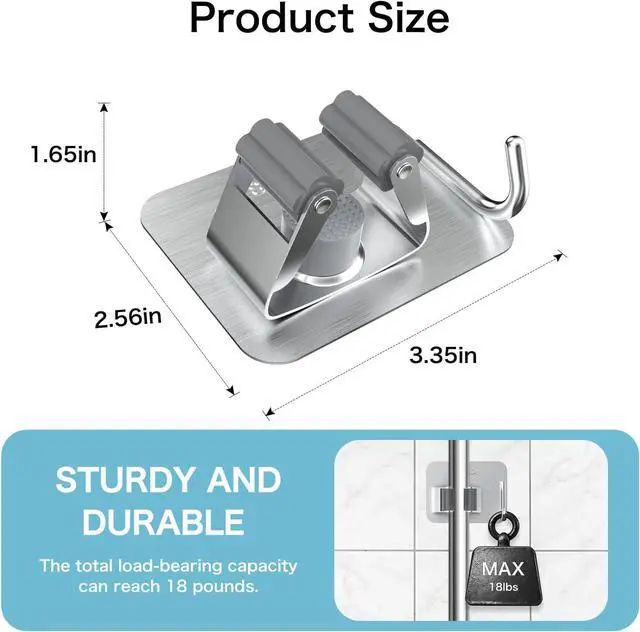 Alt view image 2 of 7 - nacena 4 Pack No Drill Self Adhesive Broom Mop Holder Wall Mount with Hooks, Heavy Duty Stainless Steel Organizer for Kitchen Bathroom Garage Storage,Silver