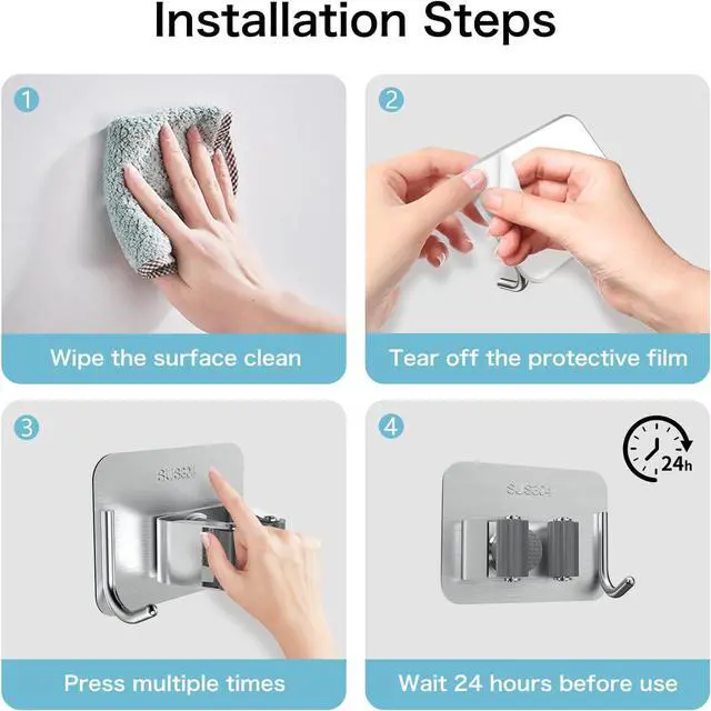 Alt view image 3 of 7 - nacena 4 Pack No Drill Self Adhesive Broom Mop Holder Wall Mount with Hooks, Heavy Duty Stainless Steel Organizer for Kitchen Bathroom Garage Storage,Silver