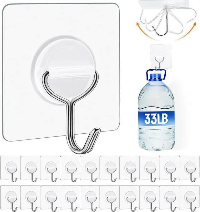 Main image of 24 Pack Clear Adhesive Wall Hooks for Hanging Heavy-Duty 33Lb No Damage | Waterproof & Rustproof, Transparent, No-Drill, 33lbs Max Load, Stick Hooks for Bathroom, Kitchen, Towel, Outdoor, Office