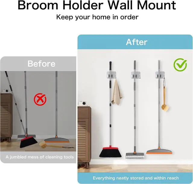 Alt view image 7 of 7 - nacena 4 Pack No Drill Self Adhesive Broom Mop Holder Wall Mount with Hooks, Heavy Duty Stainless Steel Organizer for Kitchen Bathroom Garage Storage,Silver