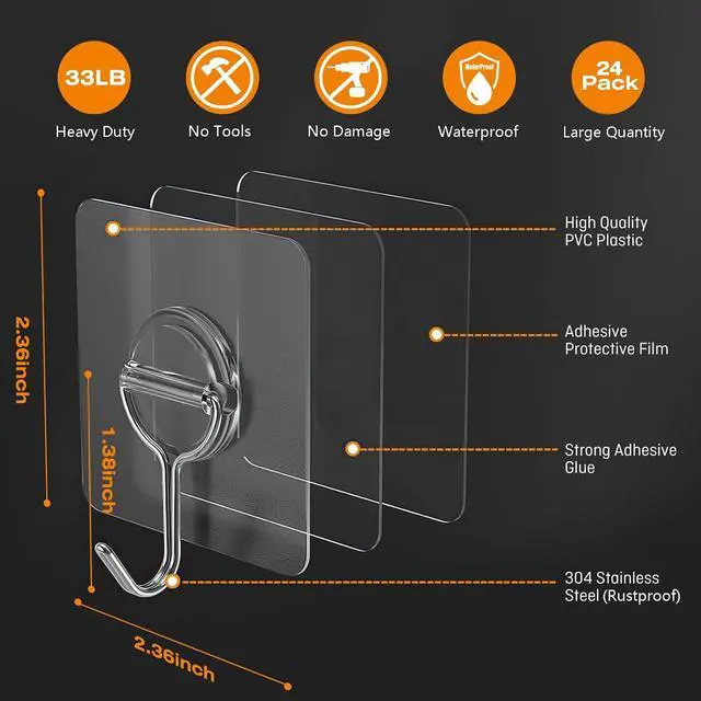 Alt view image 2 of 7 - 24 Pack Clear Adhesive Wall Hooks for Hanging Heavy-Duty 33Lb No Damage | Waterproof & Rustproof, Transparent, No-Drill, 33lbs Max Load, Stick Hooks for Bathroom, Kitchen, Towel, Outdoor, Office