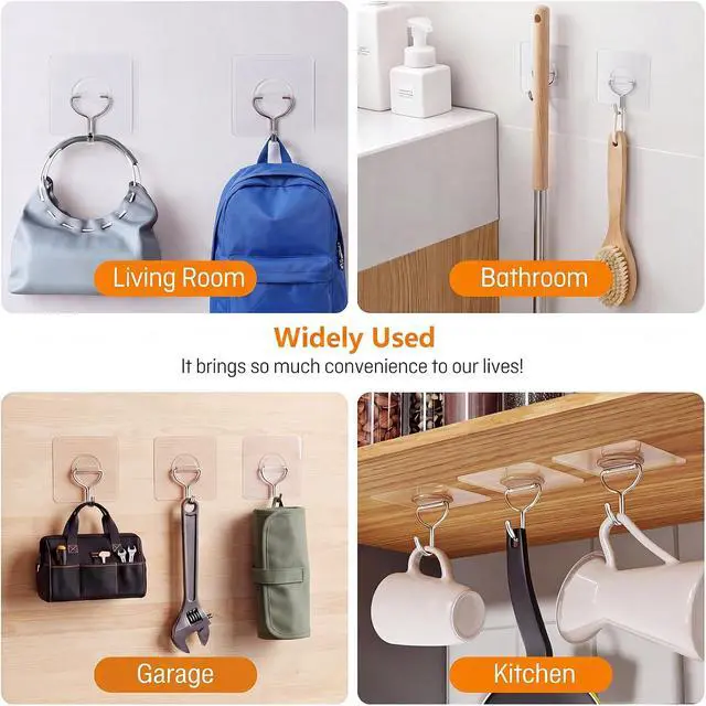 Alt view image 3 of 7 - 24 Pack Clear Adhesive Wall Hooks for Hanging Heavy-Duty 33Lb No Damage | Waterproof & Rustproof, Transparent, No-Drill, 33lbs Max Load, Stick Hooks for Bathroom, Kitchen, Towel, Outdoor, Office